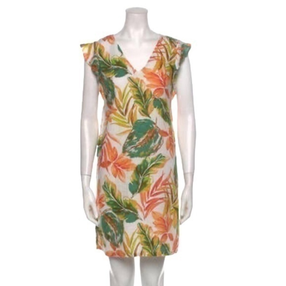 NWT Linen Nicole Miller | Tropical Floral Print V-Neck Shift Mini Dress - Picture 1 of 8